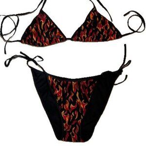 Morbid Threads Flame print triangle string Bikini. Top M/Bottoms L NWOT